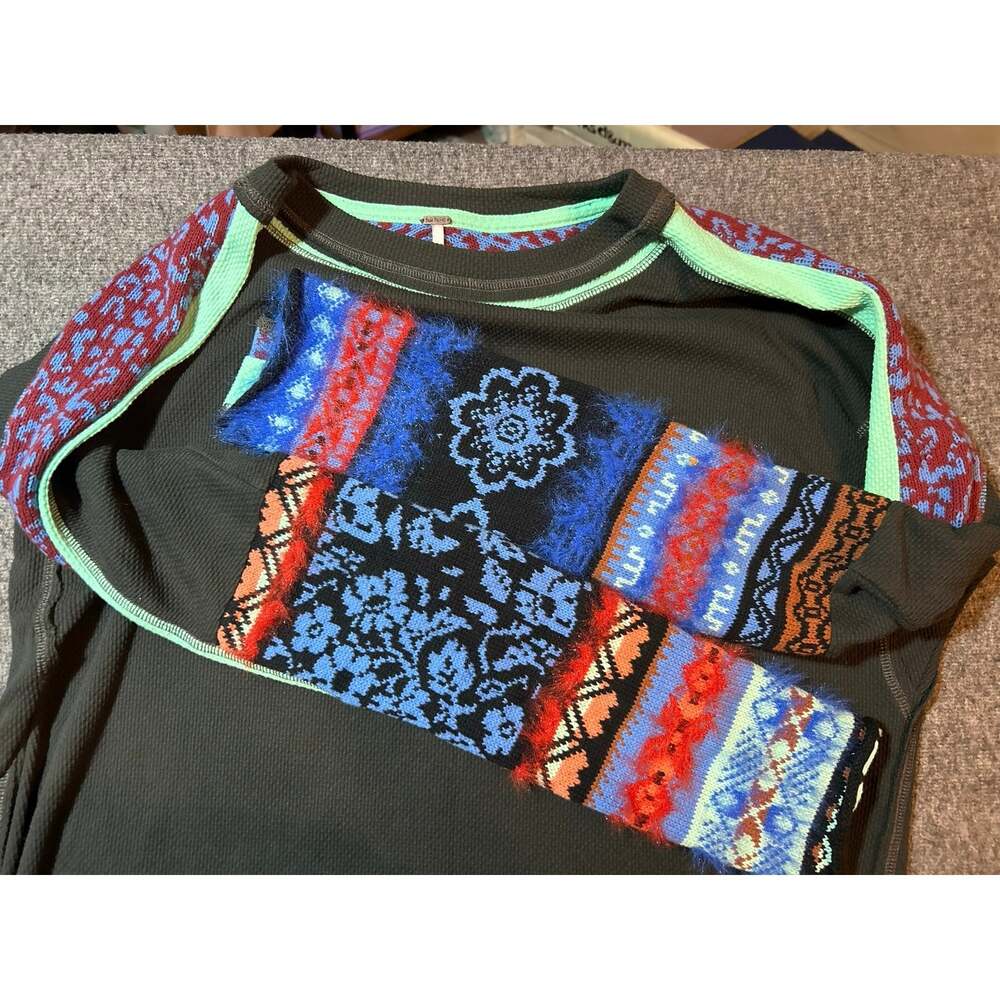 Free People On My Way Thermal Top Size L Charcoal Mixed Pattern Knit Sleeves